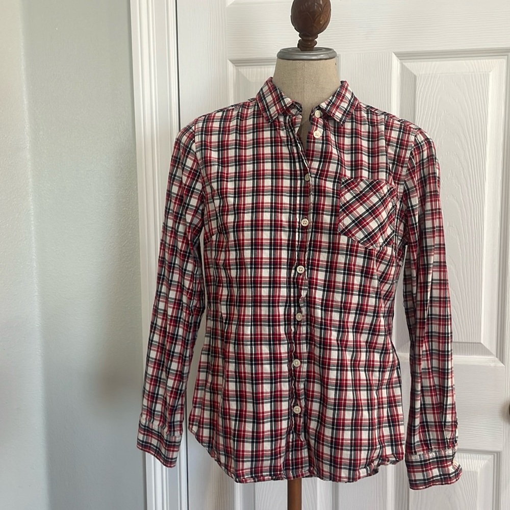 Per se plaid, red white blue 100% cotton long sleeve collared shirt women size M